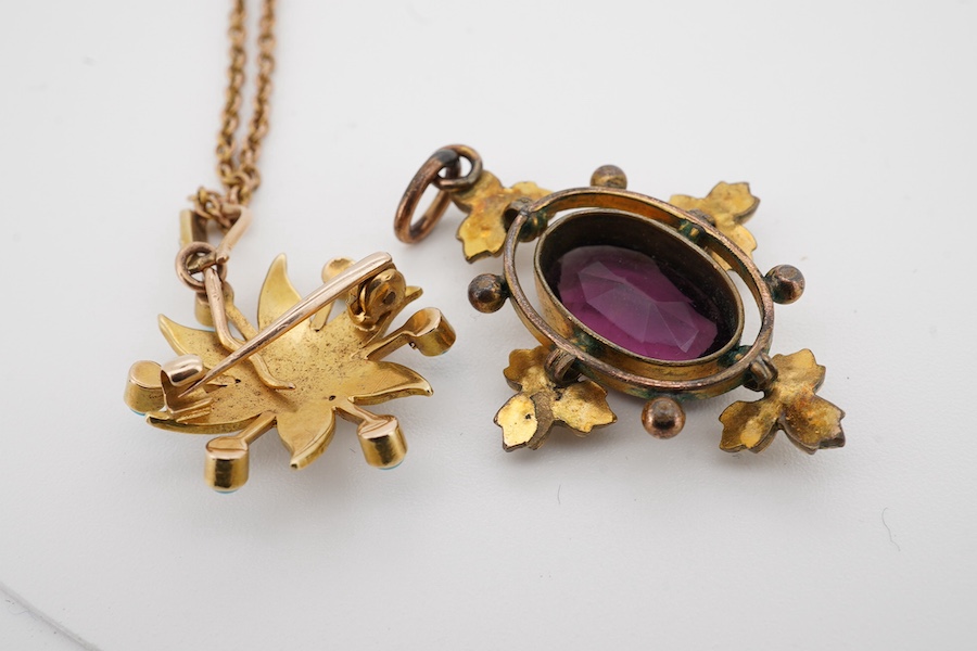 An early 20th century yellow metal, seed pearl and turquoise cluster set pendant, overall 26mm, on a 9ct chain, 43cm, gross weight 7 grams, together with a similar amethyst paste and simulated pearl set pendant. Conditio